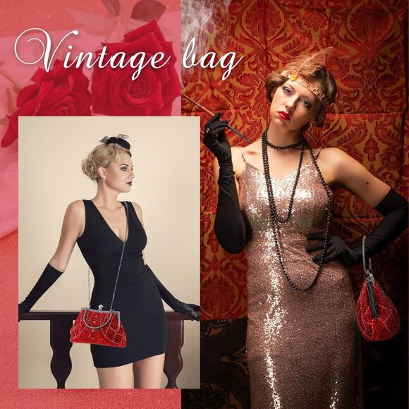 ⚡ Women's Red Rhinestones Vintage Beaded Satin Lining Evening Clutch Bag - Picture 6 of 7